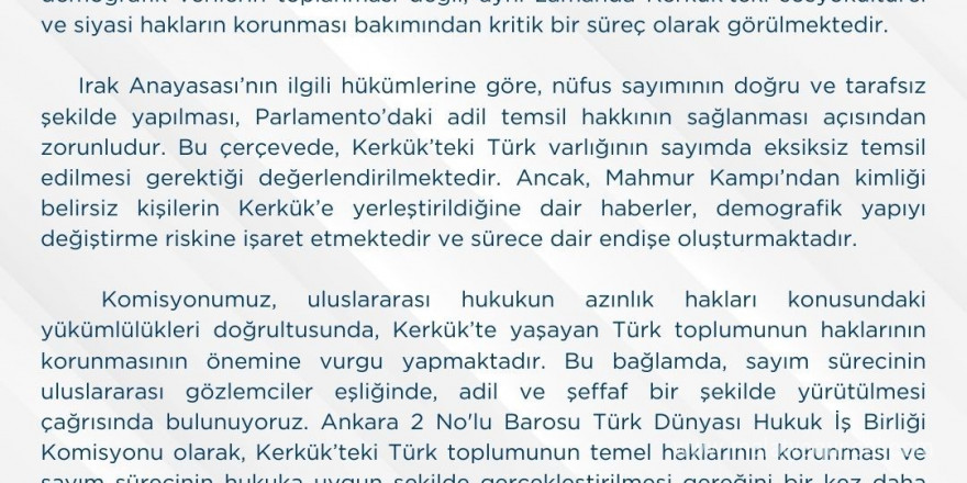 Ankara 2 No’lu Barosu’ndan Kerkük’te yapılacak nüfus sayımına ilişkin açıklama