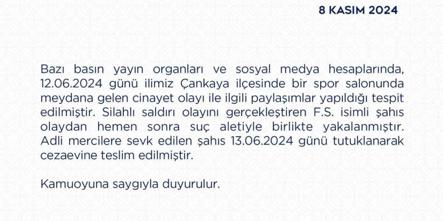 Ankara Emniyeti’nden spor salonunda meydana gelen cinayetle ilgili açıklama