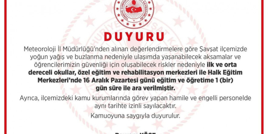 Artvin’de iki ilçede eğitime ara verildi