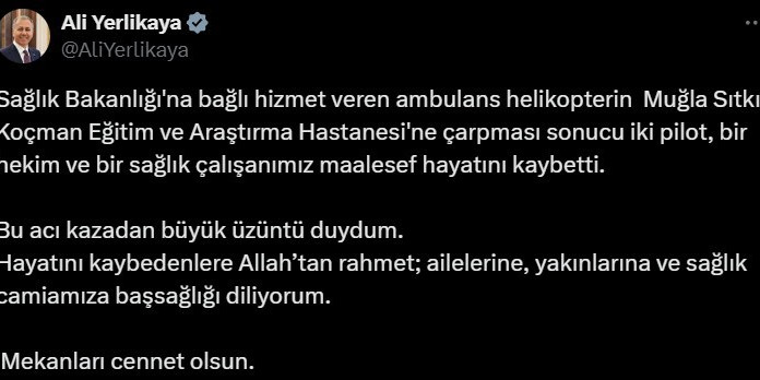 Bakanlar’dan helikopter kazasında vefat edenlere rahmet mesajı