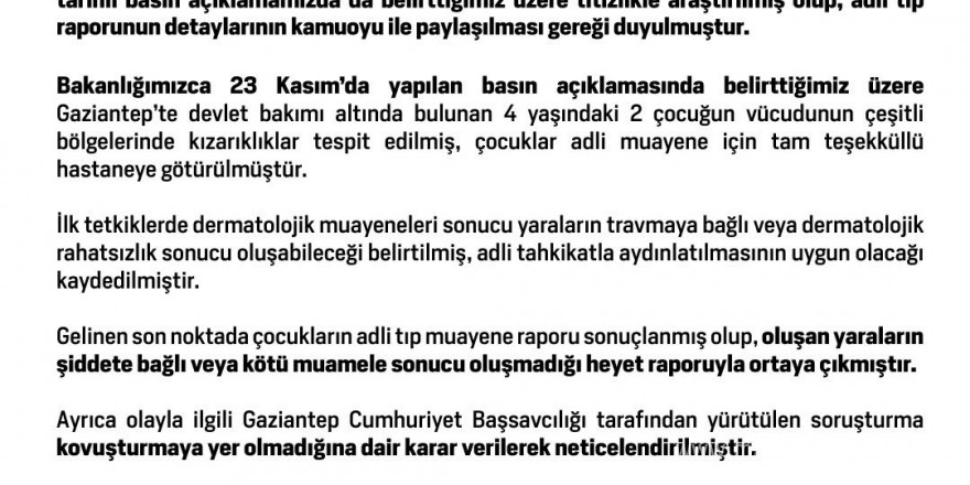 Bakanlıktan kurum bakımındaki 2 çocuğa kötü muamelede bulunulduğu iddialarına ilişkin açıklama