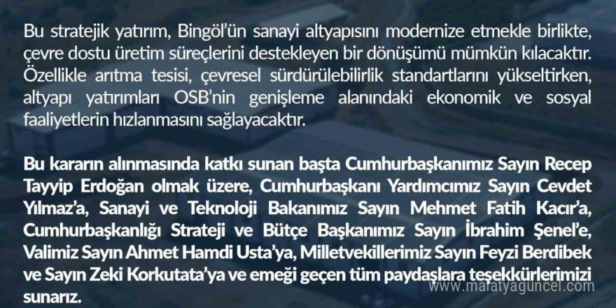 Bingöl OSB Genişleme ve Altyapı Projesine 849 milyon liralık yatırım onayı