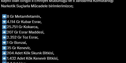 Bingöl’de son bir haftanın asayiş verileri açıklandı: 28 gözaltı, 2 tutuklama