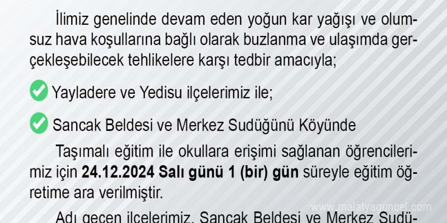 Bingöl’ün iki ilçesinde taşımalı eğitime 1 gün ara