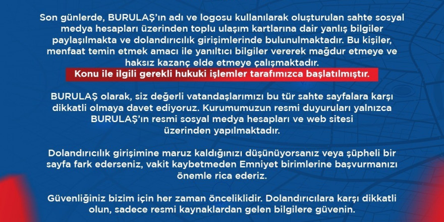 BURULAŞ’tan dolandıcılık uyarısı