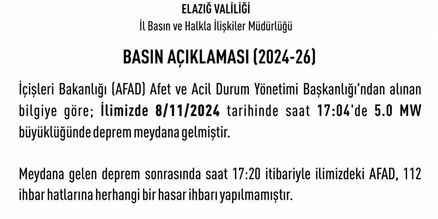 Elazığ Valiliği: 'Deprem sonrası herhangi bir hasar ihbarı yapılmamıştır'