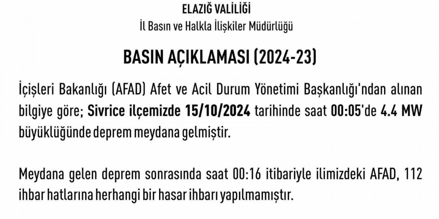 Elazığ Valiliği’nden deprem açıklaması: “Herhangi bir hasar ihbarı yapılmamıştır”