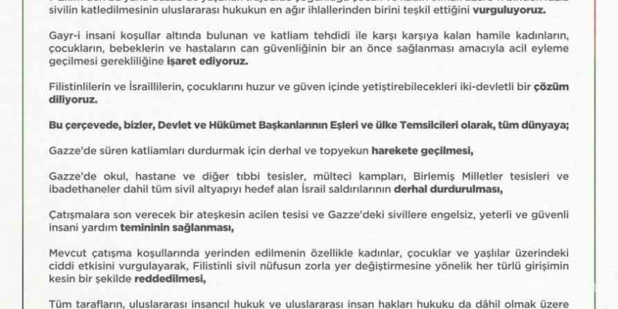 Emine Erdoğan: 'İsrail ateşiyle sınanan tüm mazlumların güvene ve hak ettikleri barışa ulaşmaları için kararlılıkla mücadeleye devam edeceğiz'