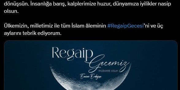 Emine Erdoğan’dan Regaip Kandili mesajı