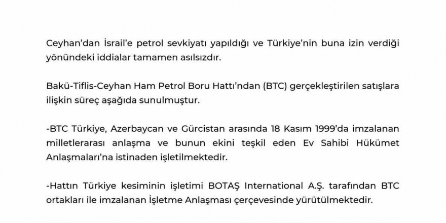 Enerji ve Tabii Kaynaklar Bakanlığı’ndan İsrail’e petrol sevkiyatı yapıldığı iddialarına yalanlama