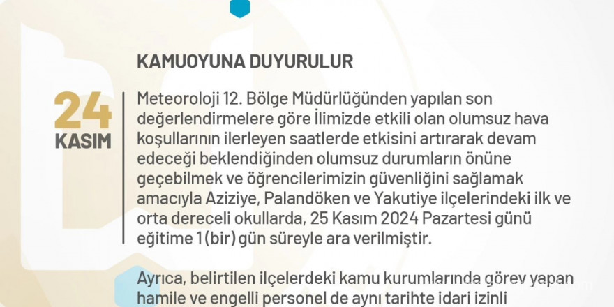 Erzurum’da eğitim bir günlük ara