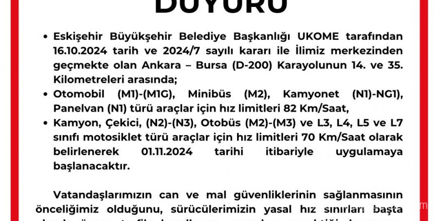 Eskişehir’den geçen Ankara-Bursa karayolundaki hız limiti düşürüldü