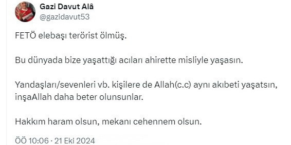 Gazi Tümgeneral Davut Alâ: “FETÖ’nün mekanı ’cehennem’ olsun”