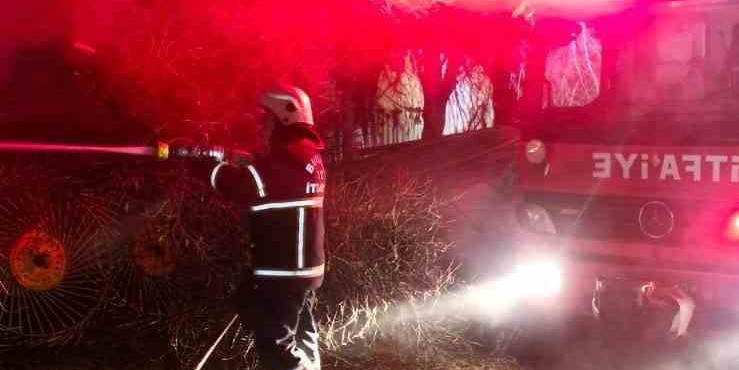 Gece saatlerinde çıkan yangında 6 buzağı telef oldu, 500 saman balyası yandı