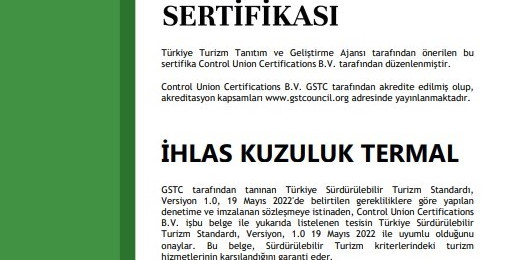 İhlas Kuzuluk Termal Otel’in ‘Sürdürülebilir Turizm Sertifikası’ güncellendi