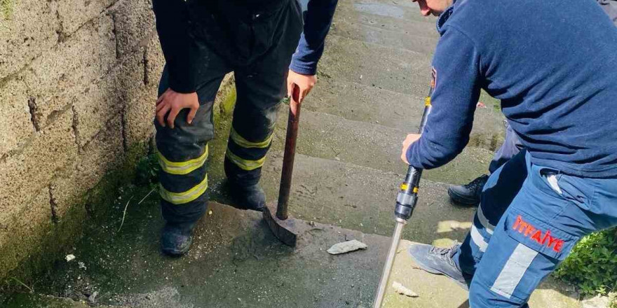 Mazgalın içerisinde mahsur kalan kediyi itfaiye ekipleri kurtardı