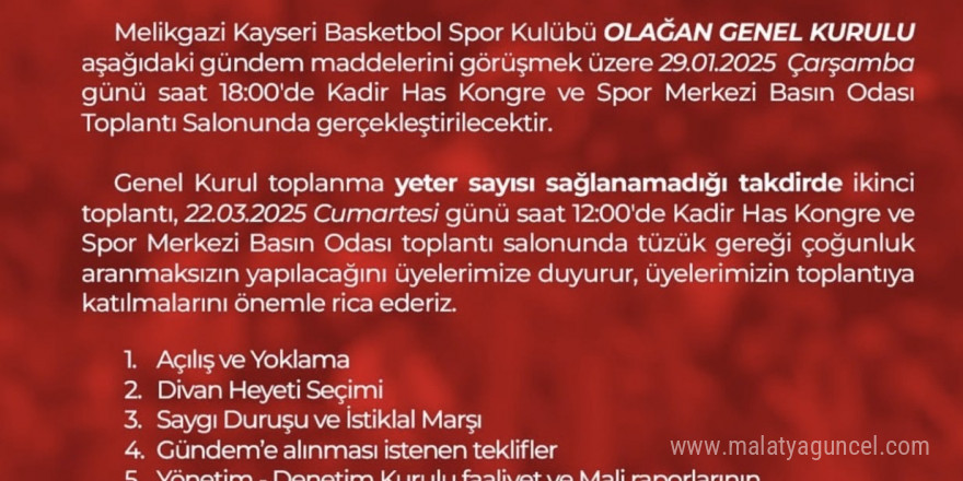 Melikgazi Kayseri Basketbol genel kurul yapılacak