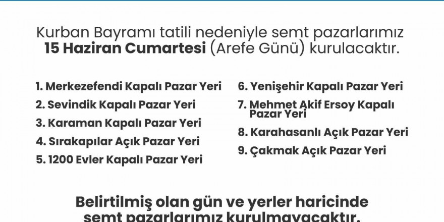 Merkezefendi’de arife günü 9 noktada semt pazarları kurulacak