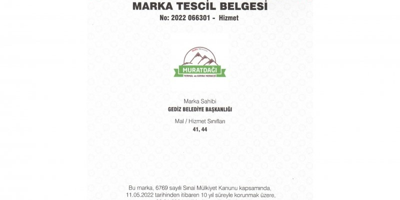 Murat Dağı Termal Kayak Merkezi marka tescil belgesi alındı