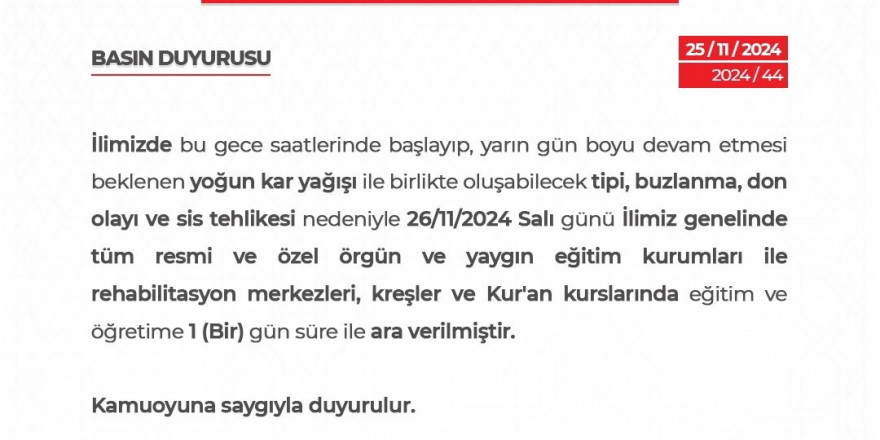 Niğde’de eğitime 1 gün ara verildi