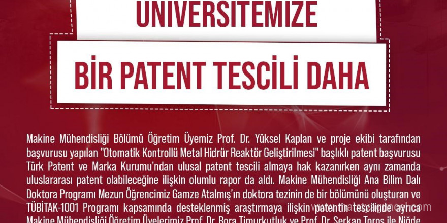 NÖHÜ’ye bir ulusal patent tescili daha