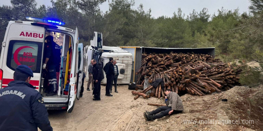 Odun yüklü kamyon devrilirken, 3 kişi yaralandı