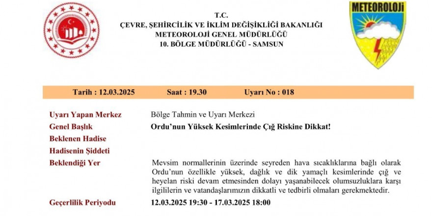 Ordu’nun yüksek kesimlerinde 'çığ riski' uyarısı