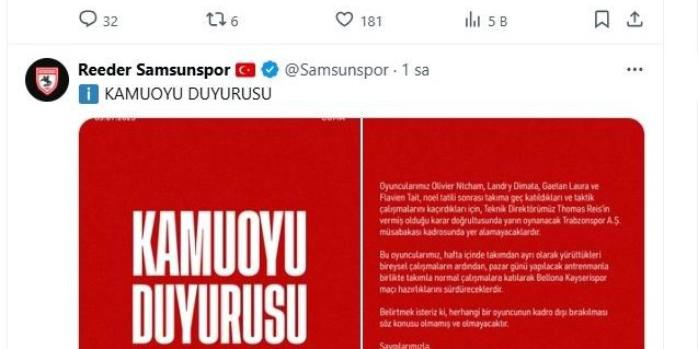 Samsunspor’da şok: Takıma geç katılan 4 oyuncu kadroya alınmadı