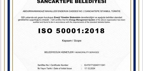 Sancaktepe Belediyesine enerji 50001 yönetim sistemi sertifikası verildi