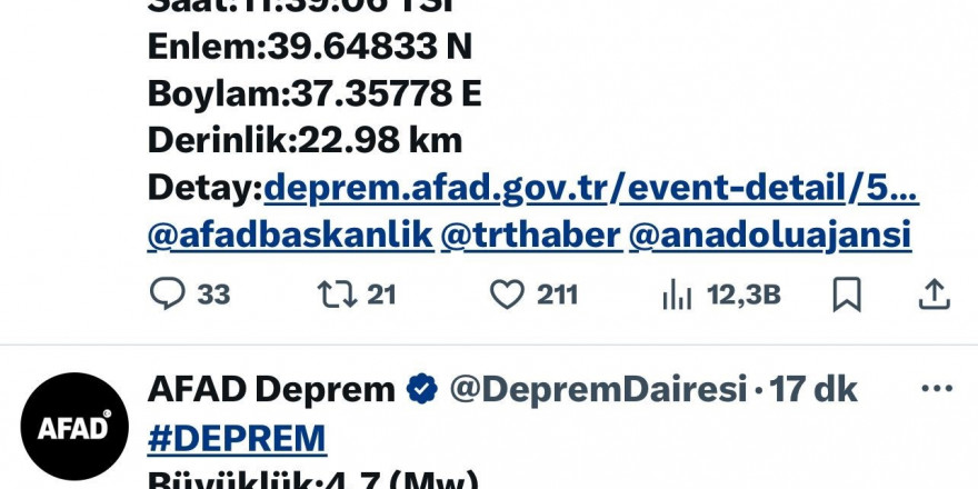 Sivas’ta on dakika arayla iki deprem