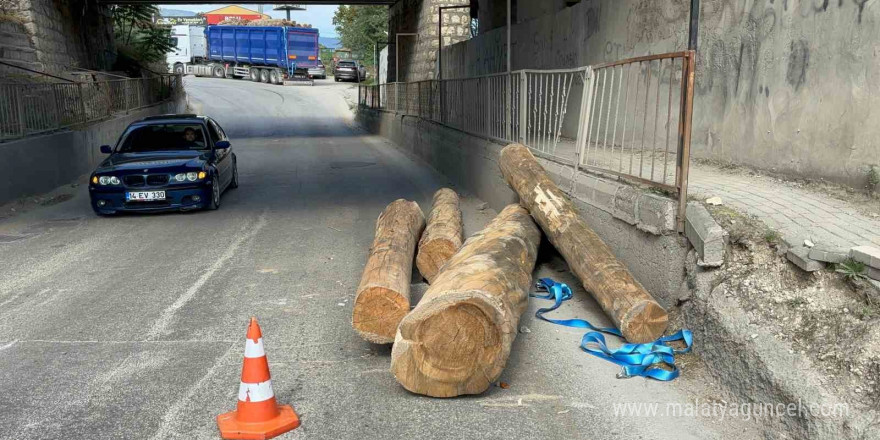 Tır alt geçitten geçerken tomrukları yola düşürdü