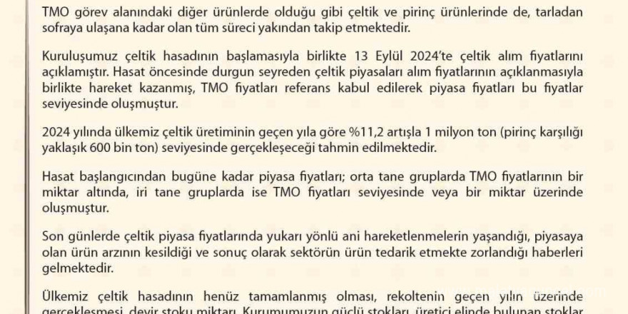 TMO çeltik alım fiyatlarını açıkladı