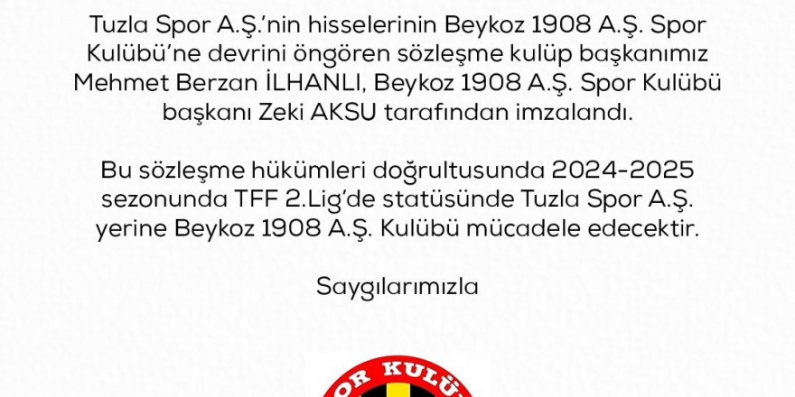 Tuzlaspor, hisselerini Beykoz 1908 SK’ya devrettiğini açıkladı