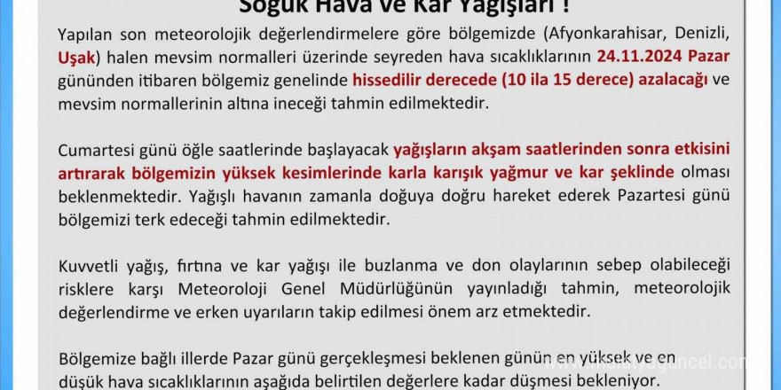 Uşak Valiliğinden soğuk hava ve kar yağışı uyarısı