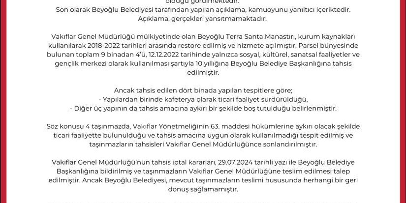 Vakıflardan ‘Terra Santa Manastırı’na ilişkin açıklama