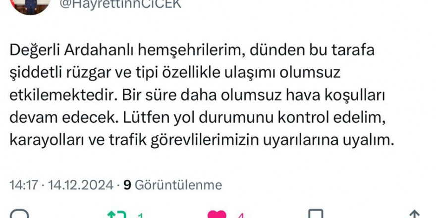 Vali Çiçek’ten sürücülere kar ve tipi uyarısı