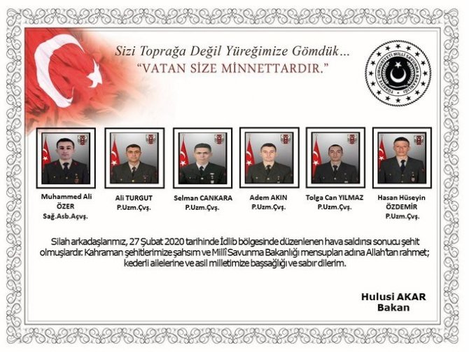 Bakan Akar’dan İdlib şehitleri için başsağlığı mesajı